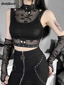 Débardeurs pour femmes Camis Goth Dark Skull Fishnet Mall Gothique Femmes Débardeurs Grunge Esthétique Punk Noir Crop Top Avec Gant E-girl Emo Alternative Gilets Y2302