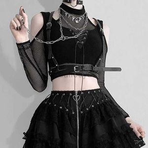 Tanks pour femmes Camis Goth Dark Techwear Fish Net Open Bandoulière T-shirt Mall Gothic Grunge Black Bandage Crop Top Femmes Punk Sexy Alt Vêtements 24326