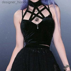 Débardeurs pour femmes Camis Goth Pentagram Noir Camis Y2k Vintage Velours Sexy Corset Tops Gothique Halter Dos Nu Évider Crop Tops Basic Halter Top L231208