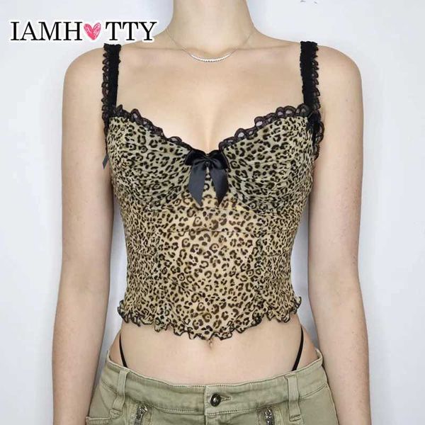 Tanks pour femmes Camis Iamhotty Retro Leopard Cut Top Sexy Contrast Butterfly Lace Patch Work Tol Top J240409