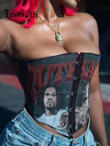 Tanks pour femmes Camis Insgoth grunge punk portrait imprimé noir streetwear sans manches tube dos nu bouton caché corset tops e girl goth vêtements 230417