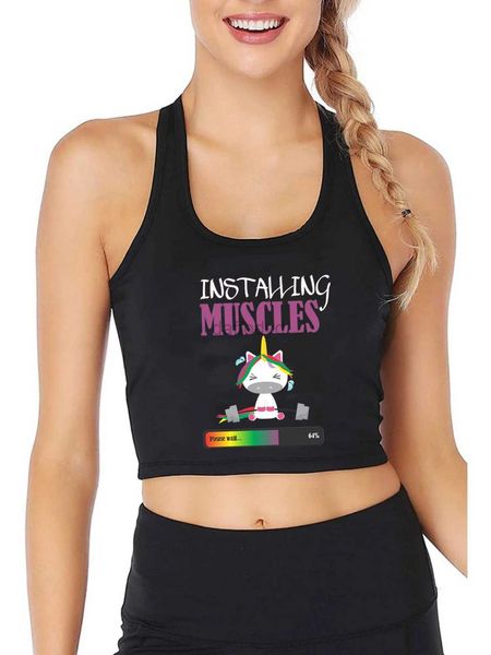 Camisetas sin mangas para mujer Instale los músculos, espere el diseño de la camiseta corta, lindo unicornio agarrando la forma de la barra, camiseta sin mangas sexy, chaleco deportivo para gimnasio 24326