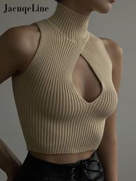 Dames tanks camis jacuqeline y2k gesneden elegante turtleneck crop top dames sexy mouwloze gebreide tankclub feest 2023 zomer mode kleding 230104