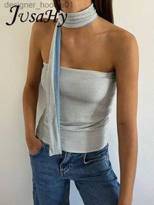 Dames Tanks Camis JusaHy Vintage Sexy Off-Shoulder Tube Tops 2023 Nieuwe Zoete Strapless Lace-up Halter Blauwe Tankvesten Tops Dames Party Club Wear L231208