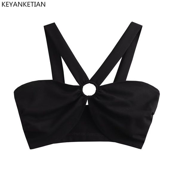 Tanques de mujer Camis KEYANKETIAN verano ahuecado anillo hebilla Sexy corsé tirantes cariño Ultra corto estilo chaleco negro 230617