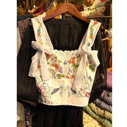 Tanques de mujer Camis Korobov Francés Vintage Dulce Bordado Sling Bowknot Fold Diseño Chaleco Reducción de Edad Femenina Crop Top Y2k Moda Ropa De Mujer 230419