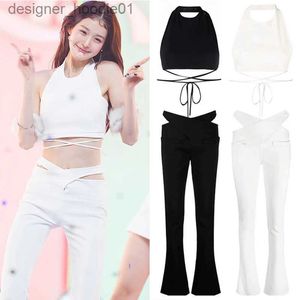 Dames Tanks Camis Kpop Idol Kleding Halter Tops Uitsparing Taille Broek Dames Zanger Jazz Prestatie Kom Y2k Outfit Concertpodiumkleding JL5506 L231208