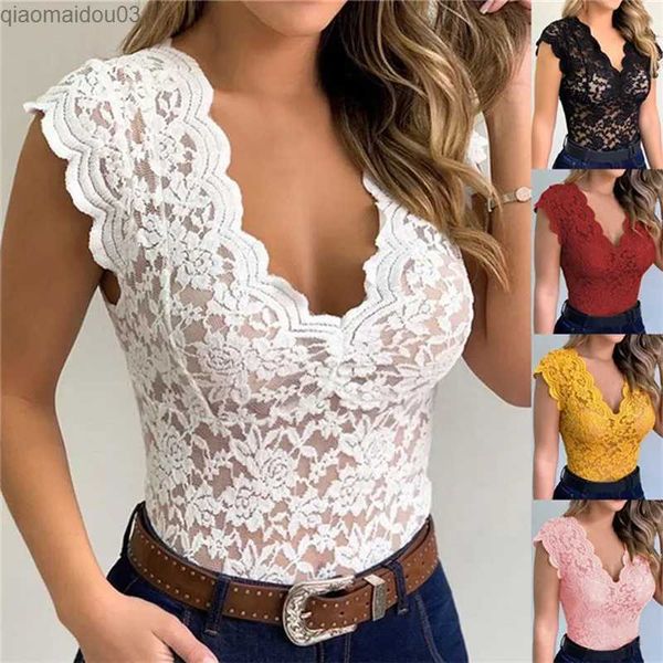 Tanks pour femmes Camis Lace Shirt Sexy Club Womens Acrylique Shirt Deep V Fashion Summer Lace Sexy V-Neck Sans manches manches TOPL24029