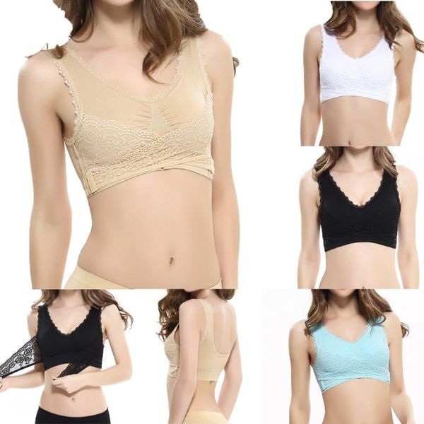 Tanques de mujer Camis Señoras Color sólido Frente Cruz Botón lateral Encaje Sujetador deportivo Copa completa Chaleco Top Sexy Chicas atractivas Transpirable Simple