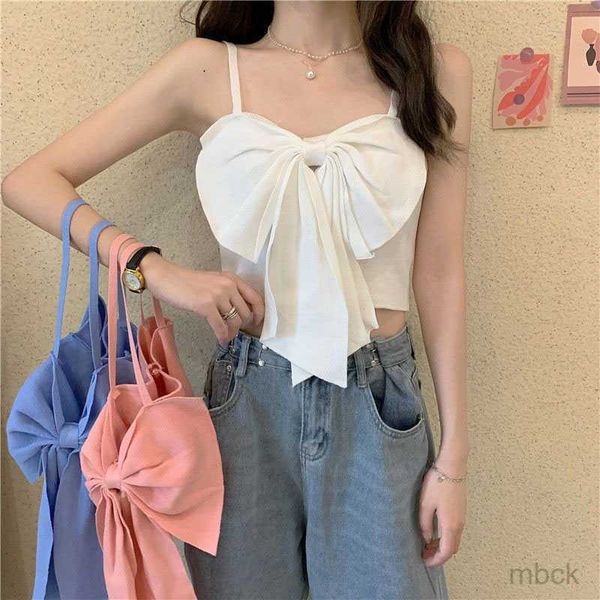 Tanques de mujer Camis Lucyever Mujer Dulce lindo diseño de lazo Crop Top Estilo coreano Slim Fit Chaleco corto de punto Mujer Todo-fósforo Camisola con correa sólida Festival de música