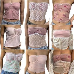 Damestanks Camis Maemukilabe Coquette Cute Pink Bandeau Top Fairycore Y2K Lace Decoratie Strapless Crop Top 90S Retro Backless Camis J240409