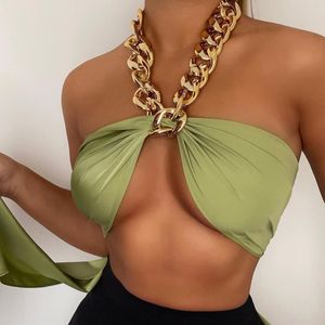 Damestanks Camis Mozision Chic Fashion Metal Chain Satin Halter Crop Tops for Women Mouwless Backless Wrap Chest Crashed Top Basic Summer 230317