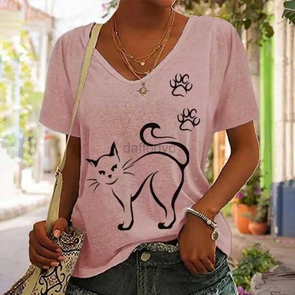 Tanques de mujer Camis Nueva camiseta de verano para mujer Top de manga corta Gráfico de gato Con cuello en V Ropa extra grande Ropa de calle para niña Camiseta para mujer 2023 24326