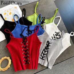 Tanques de mujer Camis Pearl Diary Mujeres Tejer Spaghetti Hot Camis Summer Lace Up Front Sexy Crop Top Mujer Cordón Salir Skinng Tank Tops T230605