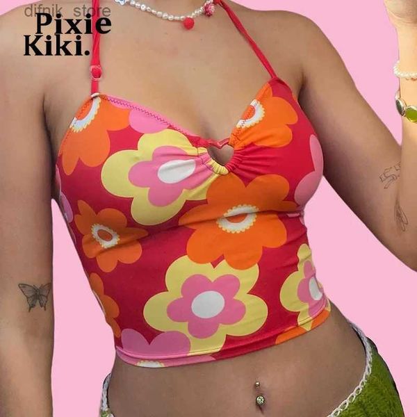 Tanks pour femmes Camis Pixiekiki Y2K Top de trou de serrure Halter Mignon Sexy Summer Summer Summer Floral Print Camis Tanks 2000 Aesthetic Crop Tops P85-AF10 Y240403