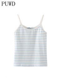 Tanques de las mujeres Camis PUWD Casual Mujeres Blue Stripe Tank Summer Fashion Ladies Falsie Slim Print Patchwork Top Mujer Chic Soft Cotton Tops 230422