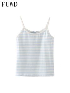 Débardeurs pour femmes Camis PUWD Casual Femmes Blue Stripe Tank Summer Fashion Ladies Falsie Slim Print Patchwork Top Femme Chic Doux Coton Tops 230331