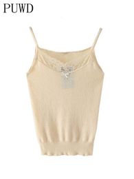 Femmes Débardeurs Camis PUWD Casual Femmes Couleur Unie Doux Coton Débardeur D'été Mode Dames Beige Dentelle Bord Mince Court Tops Femme Chic Crop Top 230331