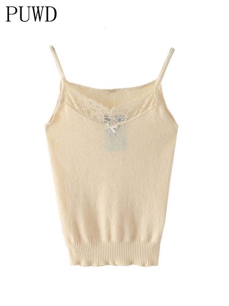 Femmes Débardeurs Camis PUWD Casual Femmes Couleur Unie Doux Coton Débardeur D'été Mode Dames Beige Dentelle Bord Mince Court Tops Femme Chic Crop Top 230331