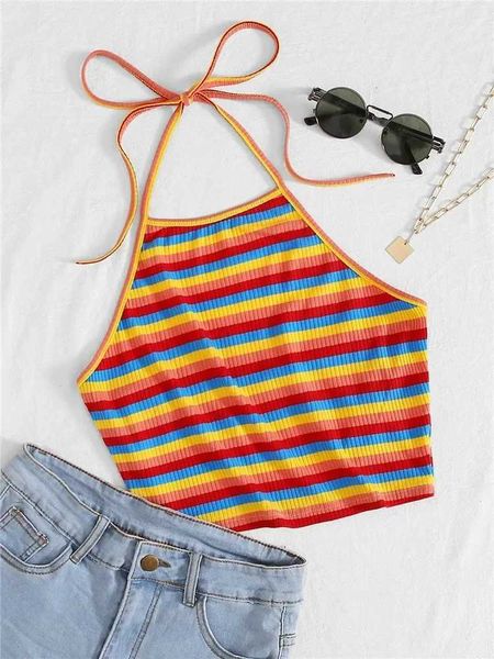 Tanques de mujer Camis Rainbow Rib-Knit Halter Top Summer Summer Y2K Ropa sexy Corea Fashion Cortada Top Strtwear 2023 Y240420