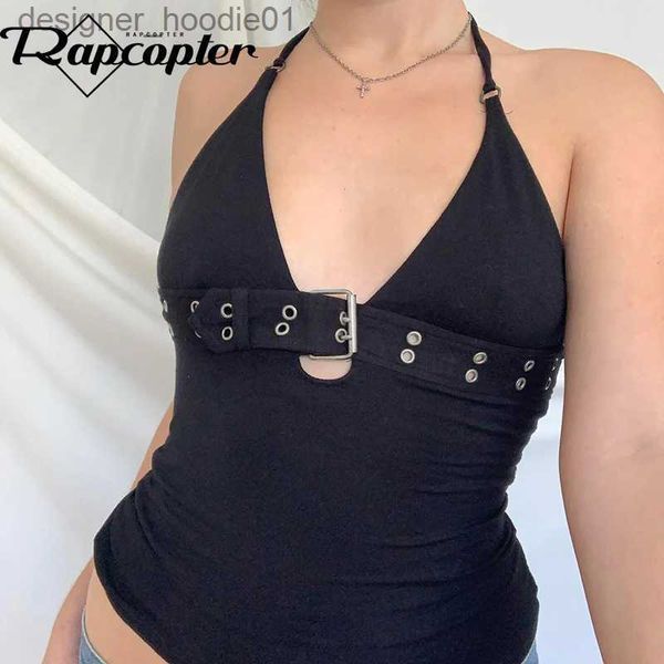 Tanks Femmes Camis Rapcopter Y2K Bandage Crop Top Noir Dos Nu Halter Top Lace Up Mignon Party Beach Summer Sweats Femmes Rétro Basic Mini Vest Punk L231208