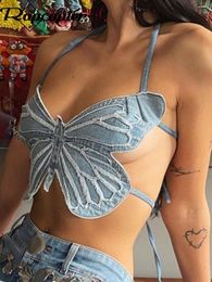 Tanques de mujer Camis Rapcopter y2k Butterfly Jeans Crop Top Backless Strap Sexy Blue Cute Party Sweat Beach Holiday Mini chaleco Summer Tee 230724