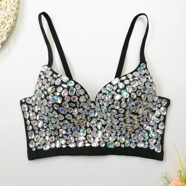 Tanques de mujer Camis Rhinestone AB Colored Diamond Tube Top Máquina cuidadosa Deep V Wrap Chest Stage Performance Sling Mujer Bar Crop TopsW