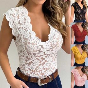 Débardeurs pour femmes Camis S-5XL Chemisiers en dentelle Chemises Sexy Club Femme Acrylique Chemises Deep V Summer Fashon Tops Dentelle Sexy V Neck Sleeveless Fashon Top Y2302