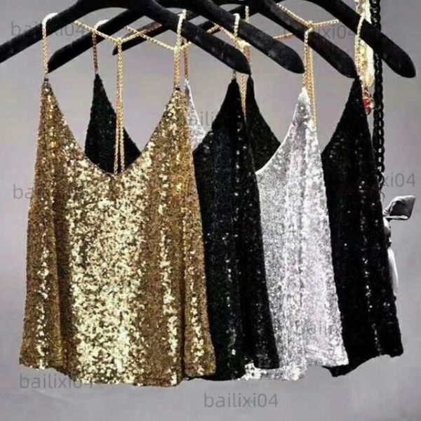 Tanques de mujer Camis Sexy Club Cadenas de metal Lentejuelas Halter Camisola Mujeres Mini Rebordear Tanque Suelto Sin espalda Dorado Metálico Correas brillantes Chaleco Tops de fiesta T230417