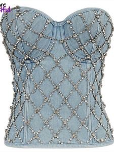 Débardeurs pour femmes Camis Sexy licou Denim strass corset crop top femmes corset tube top femme soutien-gorge intégré paillettes épaules dénudées jeans sans manches tee Y2302