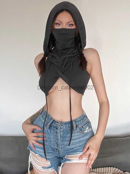 Débardeurs pour femmes Camis Sexy Hooded Soild Silm Tanks Pour Femmes Vêtements Embouchures Court Crossover Design Hot Mujer Streetwear Sans Manches Y2k Crop Tops T230531