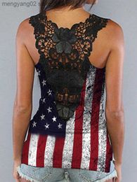 Damestanks Camis sexy kanten splitsing tanktops shirts voor vrouwen Amerikaanse Amerikaanse vlag mouwloze open back cutout top cami zomer blouse racerback tank t230517