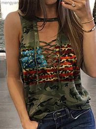 Damestanks Camis sexy veter tanktop voor vrouwen camouflage luipaard Amerikaanse vlag mouwloze shirts zomer v-neck holle out blouses 2023 t230517