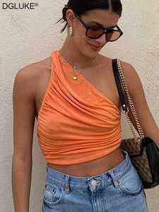 Tanques de mujer Camis Sexy One Shoulder Crop Top Fruncido Short Tank Top Mujeres Summer Top Y2K Camisas sin mangas Camisola Blanco Negro Verde Naranja P230322