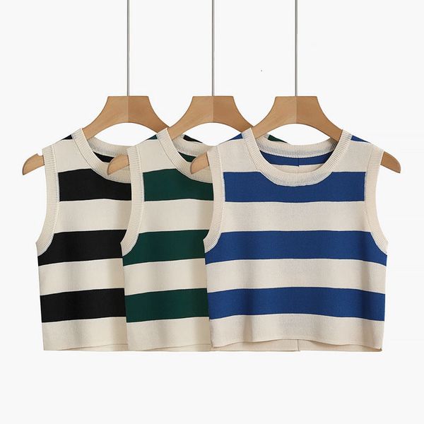 Débardeurs pour femmes Camis Sexy Débardeur en tricot côtelé pour femmes Été Stripe O-cou Sans manches Crop Tops Street Vintage Korean Fashion Shirt Vest Y2K Vêtements 230608