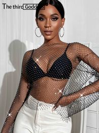 Damestanks Camis Sexy Zie door Mesh Rhinestone tanktop Dames zomer Shiny Club Party Crop Top Lange Mouw Beach Cover Up Fishnet Tops T Shirt Y2302