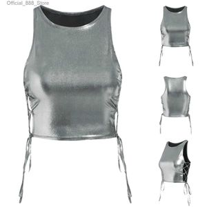 Tanks pour femmes Camis Sexy Womens Tops Vest Summer Couleur solide Pu Leather Camisole Y2K Lace-Up Crop Top Vests 2024 New Ladies Party Clubwear D240427