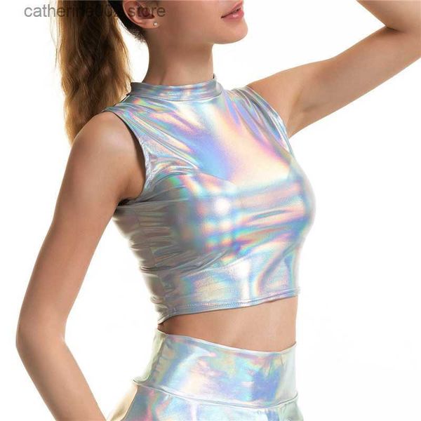 Tanques de mujer Camis Shiny Silver Holographic Multi Designs Tank Tops Moda Strapless Tube Top Cuello alto Crop Top New Strap Camis Chaleco sin mangas T230605