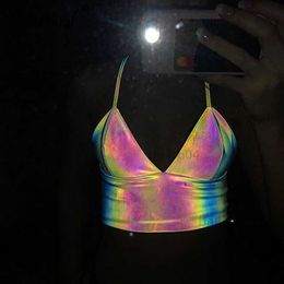 Débardeurs pour femmes Camis Simenual col en V Sexy holographique Bralette haut court sangle réfléchissant mode Camis chaud été 2021 sans manches dos nu débardeurs T230417