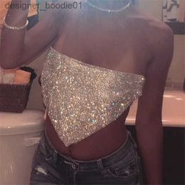 Débardeurs pour femmes Camis Sparkly Rhine Chaîne en métal Halter Crop Top pour les femmes Sexy Hors de l'épaule Dos nu Camisole Cocktail Party Débardeur L231208