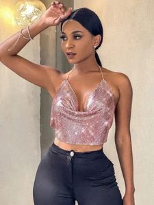 Tanques de mujer Camis SRUBY Sexy Party Metal Metallic Crop Top Mujeres corsé Beach Halter Corset Tops Glitter Night Club Tank Top Ropa Top navidad 230307