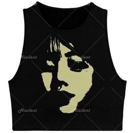 Dames Tanks Camis Streetwear Zwart Gothic grafische print basic Tank Tops Dames Mouwloos Geribbeld Gebreid Vest Top Cropped Feminino Y2K Backless Sexy 230612