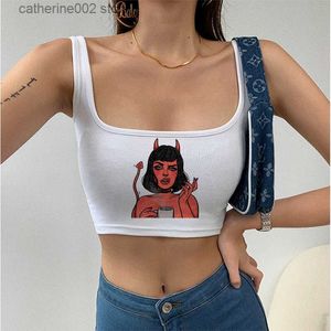 Vrouwen Tanks Camis Zomer Casual Harajuku T-shirt Vrouwen Streetwear Y2K Crop Top Vintage Ulzzang Cool Satan Demon Print anime Tshirt Mouwloos T230605