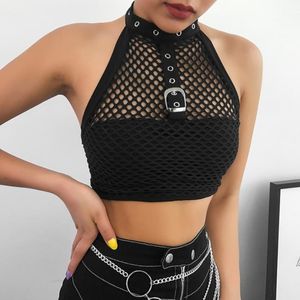 Tanques de mujer Camis Verano Hollow Out Crop Tops Mujeres Punk Negro Halter Ropa sin espalda Clubwear Clubnight Plus Tamaño Sin mangasMujeres