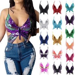 Dames Tanks Camis Zomer Multi-color Bandage Vlinder Pailletten Top Sexy Zomer Tops Vintage Womens Lace Up Tank Top T-shirt Backless Korte Kleding 230710