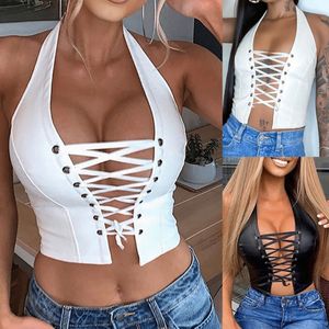 Tanques de mujer Camis Summer Slim Render Short Top Sexy Women Bandage Sin mangas Croptops Tank Tops Sexy Women Leather Hollow Out Crop Vest Tops 230325