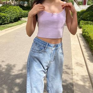 Dames Tanks Camis Zomer Tank Top Sexy Witte Crop Tops Vrouwen 2021 Spaghetti Strap Korean Knit Bow U Neck Leuk Backless Blue