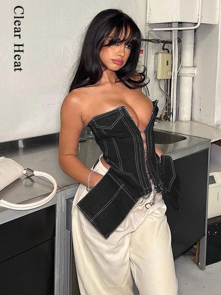 Débardeurs pour femmes Camis Été Femmes Denim Noir Corset Gilet Sexy Dos Nu Sans Manches Bustier Tube Tops Y2K Poches Simple Poitrine Club Party Débardeur 230804