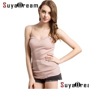 Tanks pour femmes Camis Suyadream Femmes Lace 70% Silk réel 30% Coton Camisoles Spandex Knits Soft Basic Shirt Vest Couleurs solides 210625 DR DHB5F