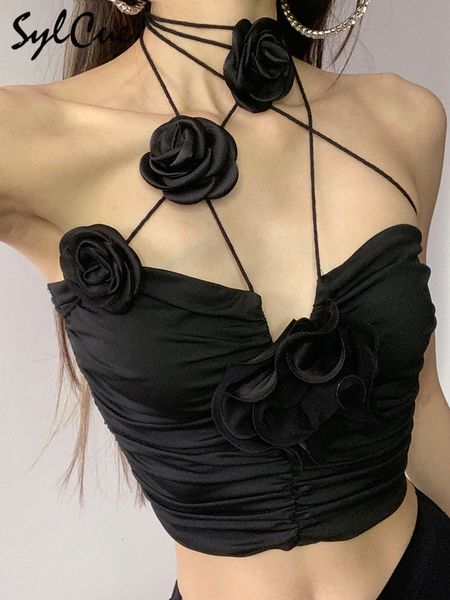 Débardeurs pour femmes Camis Sylcue Noir Rose Mystérieux Sexy Élastique Glamour Serré Mature Féminité Glamour Partie Femmes Wrap Poitrine Crop Top 230316